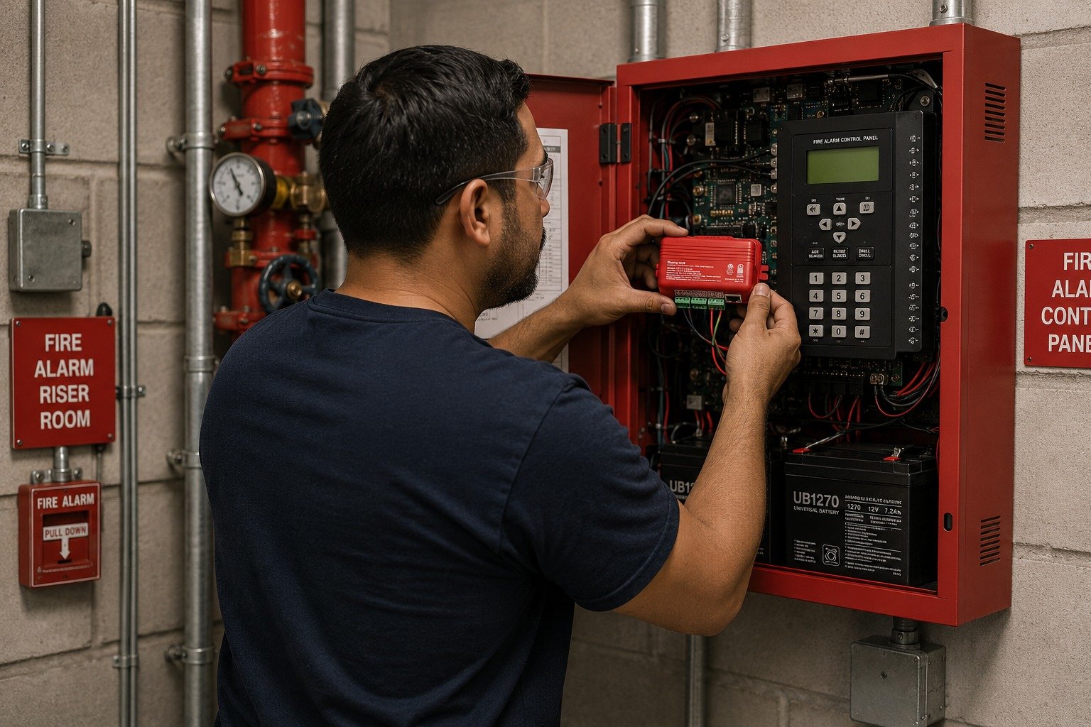 Fire protection technician servicing a fire alarm control panel